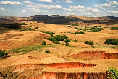 L’érosion creuse la latérite rouge en créant des Lavakas